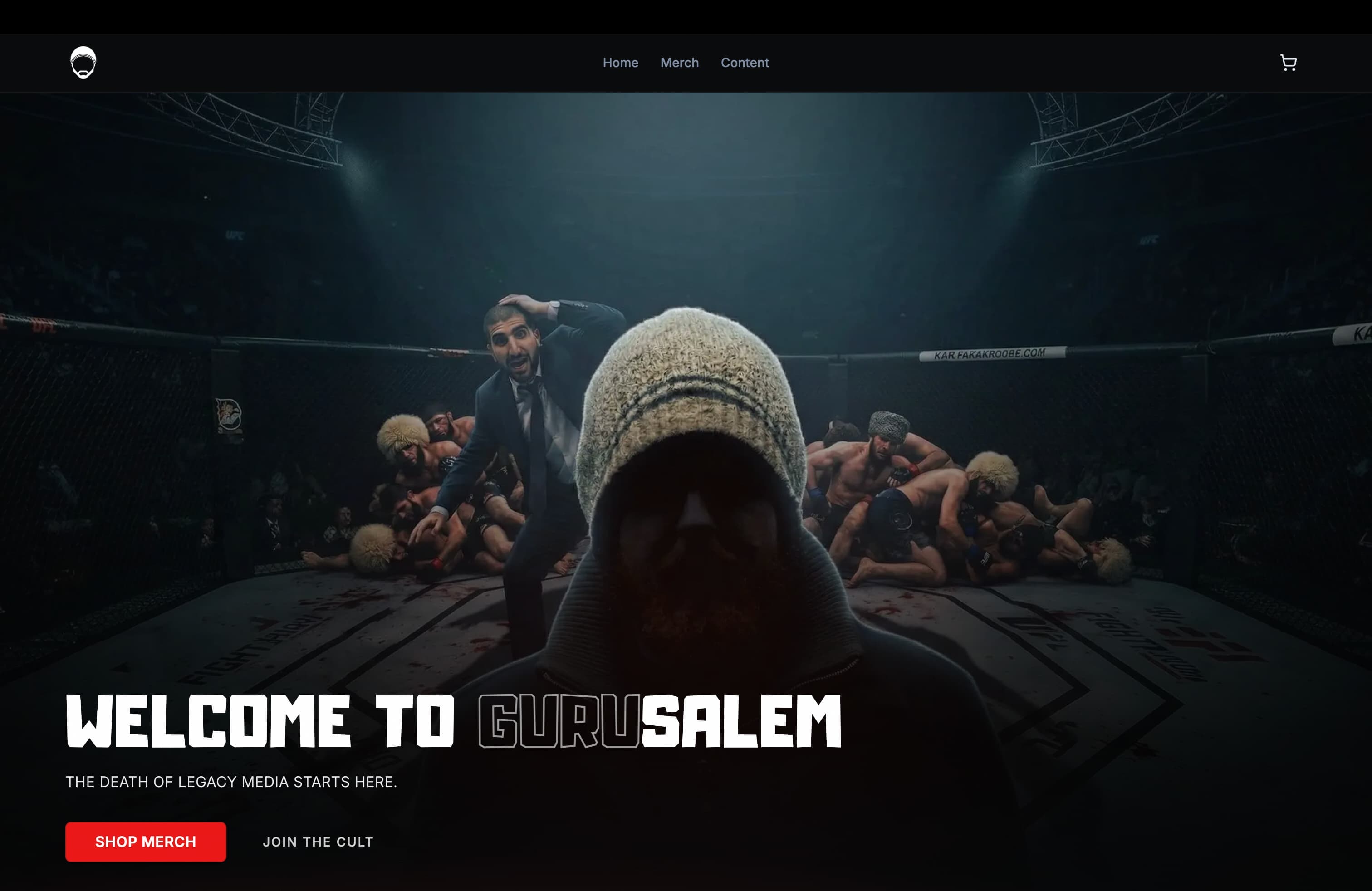 The MMA Guru homepage with the merch collection and live YouTube content
