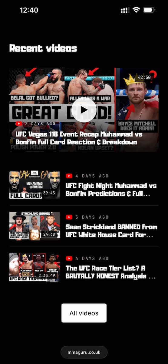 MMA Guru content section on mobile showing YouTube video feed with category filters