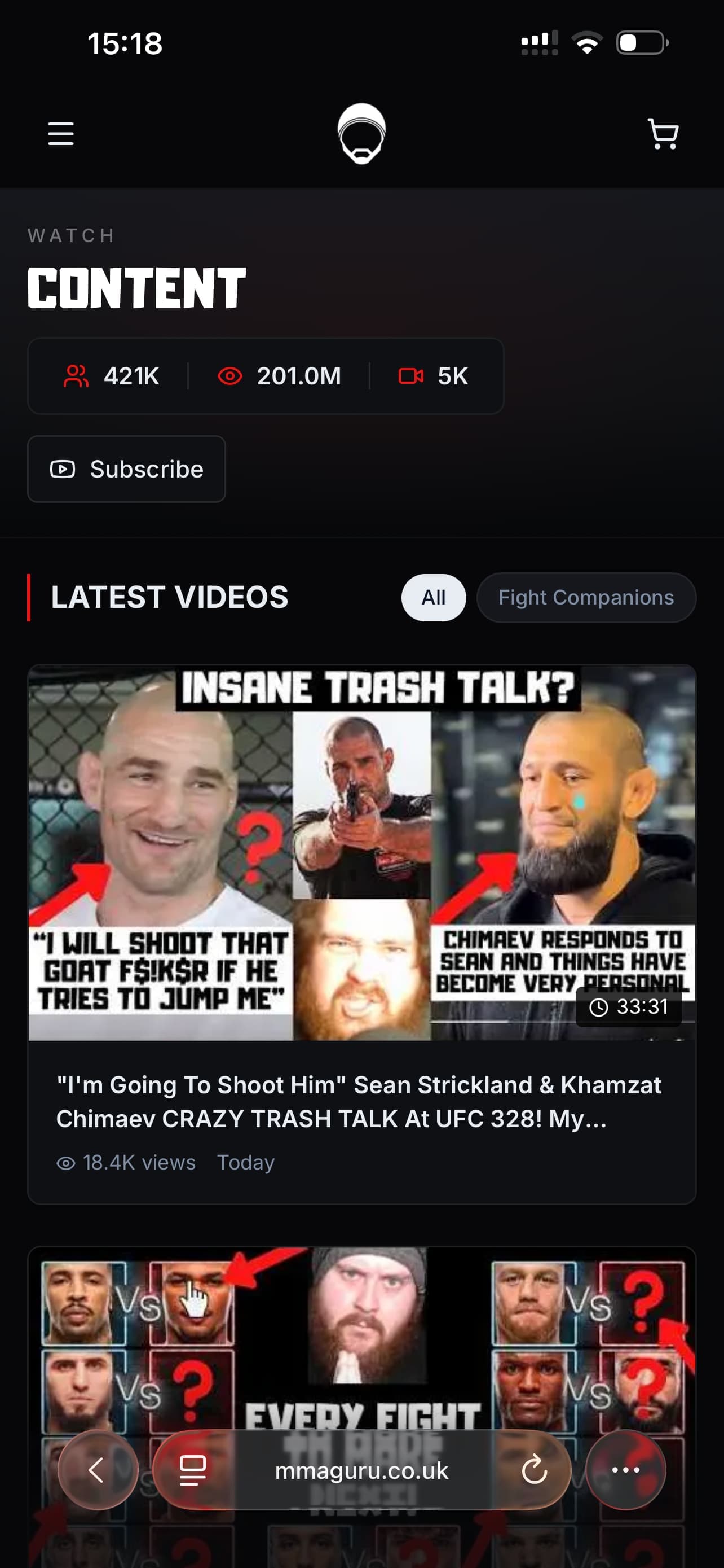 MMA Guru content section on mobile showing YouTube video feed with category filters