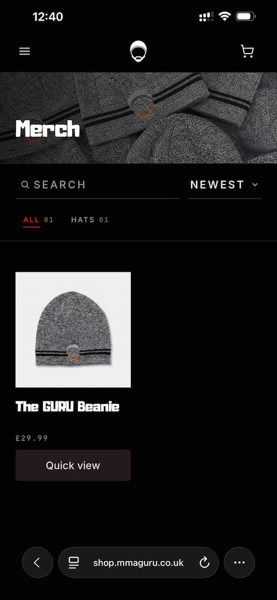 MMA Guru merch store on mobile showing product search, category filters, beanie product