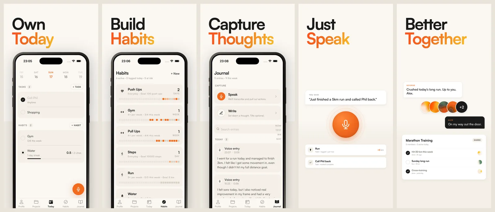 Kaizen's five App Store screenshots side by side: Own Today, Build Habits, Capture Thoughts, Just Speak, Better Together