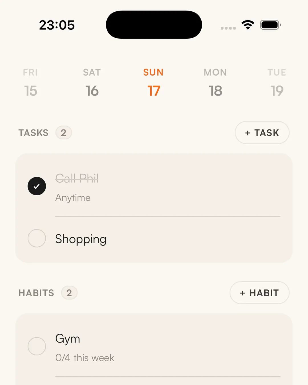 Kaizen's Today screen: the week, two tasks with one ticked, and a habit