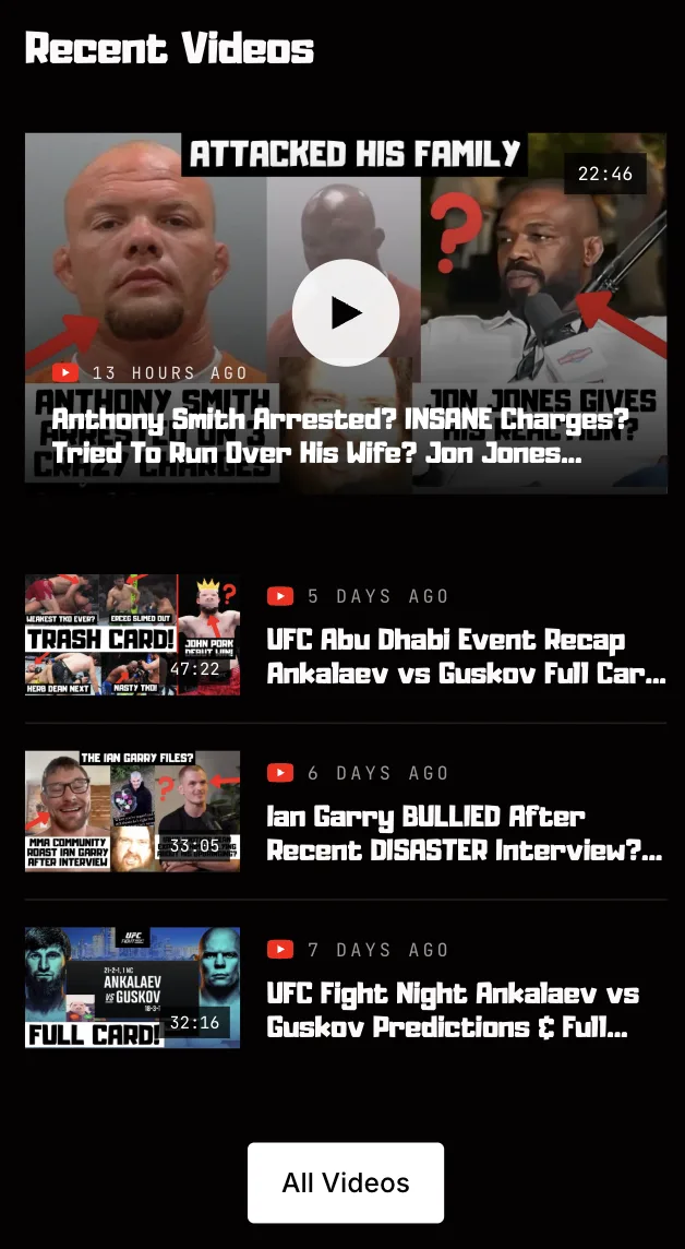 The storefront's recent videos feed pulled from YouTube, the newest posted 13 hours earlier