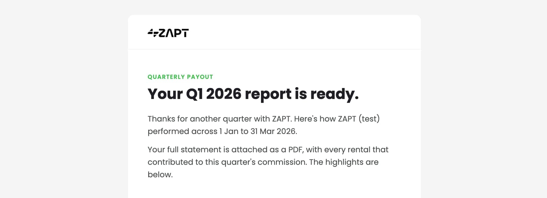 An automated ZAPT venue statement email showing commission total and rental count