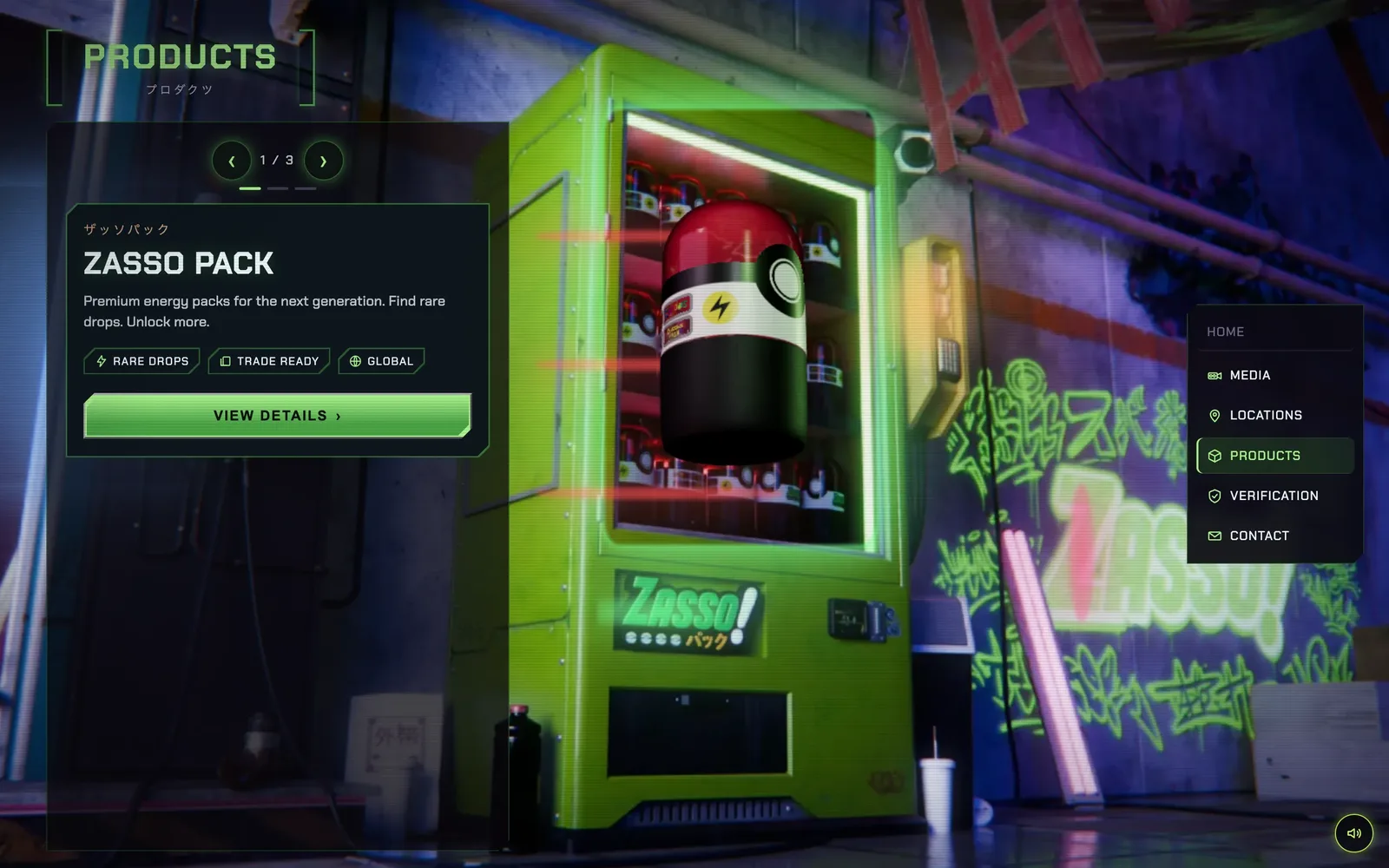 The products scene: a neon vending machine stocked with pods