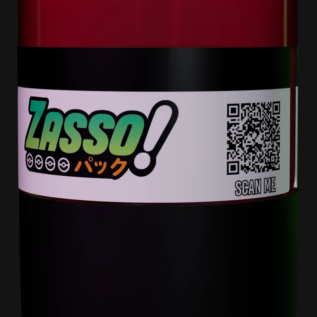 The pack label: Zasso logo and a QR code marked Scan me