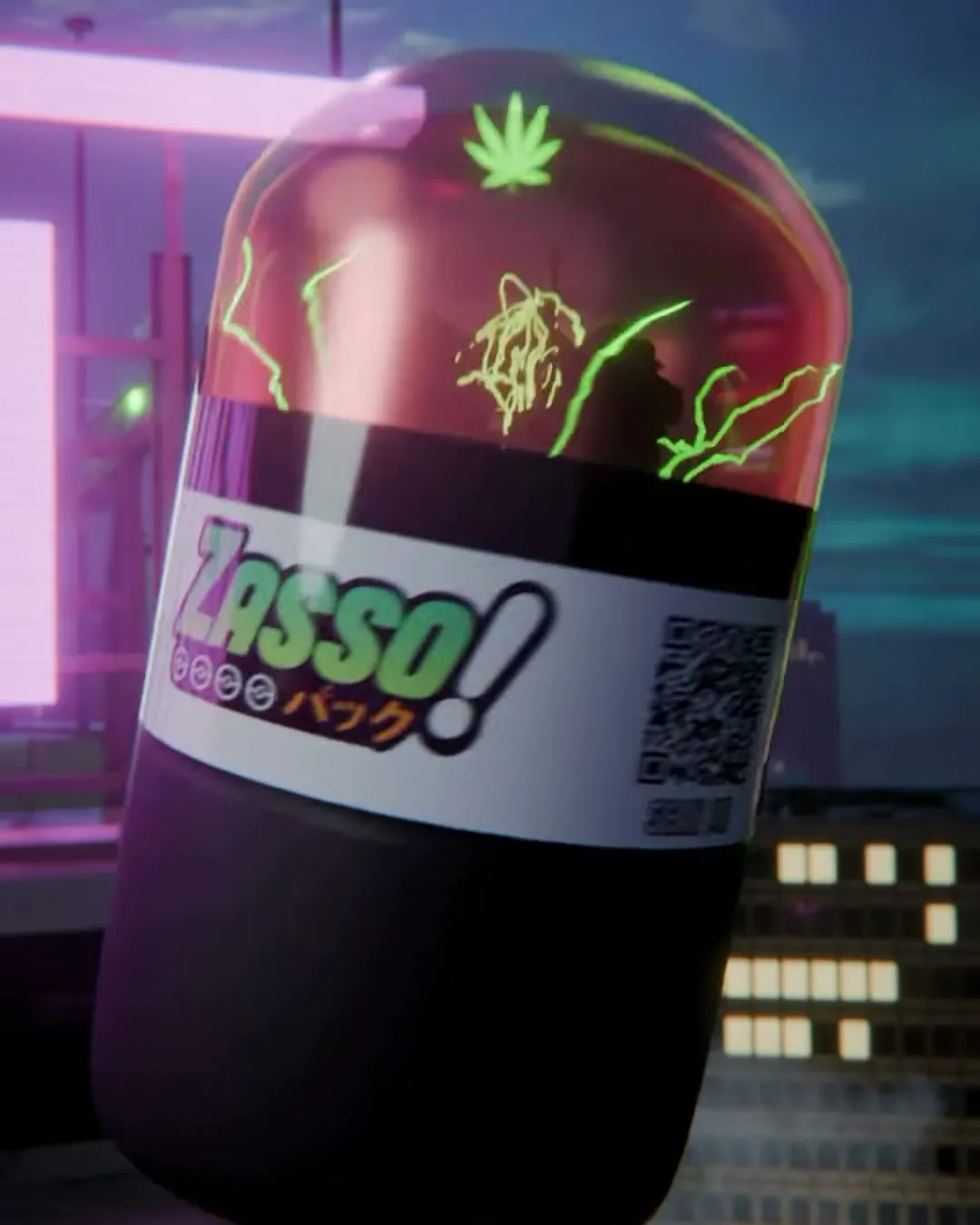 The Zasso pod, a red glass capsule with its label, over a neon city